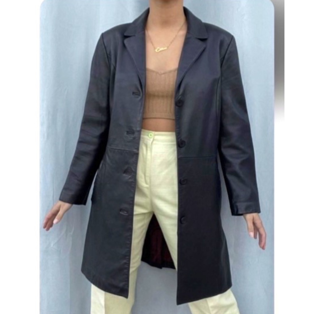 90's Vintage 100% Leather Long Jacket - Black - Petite Medium